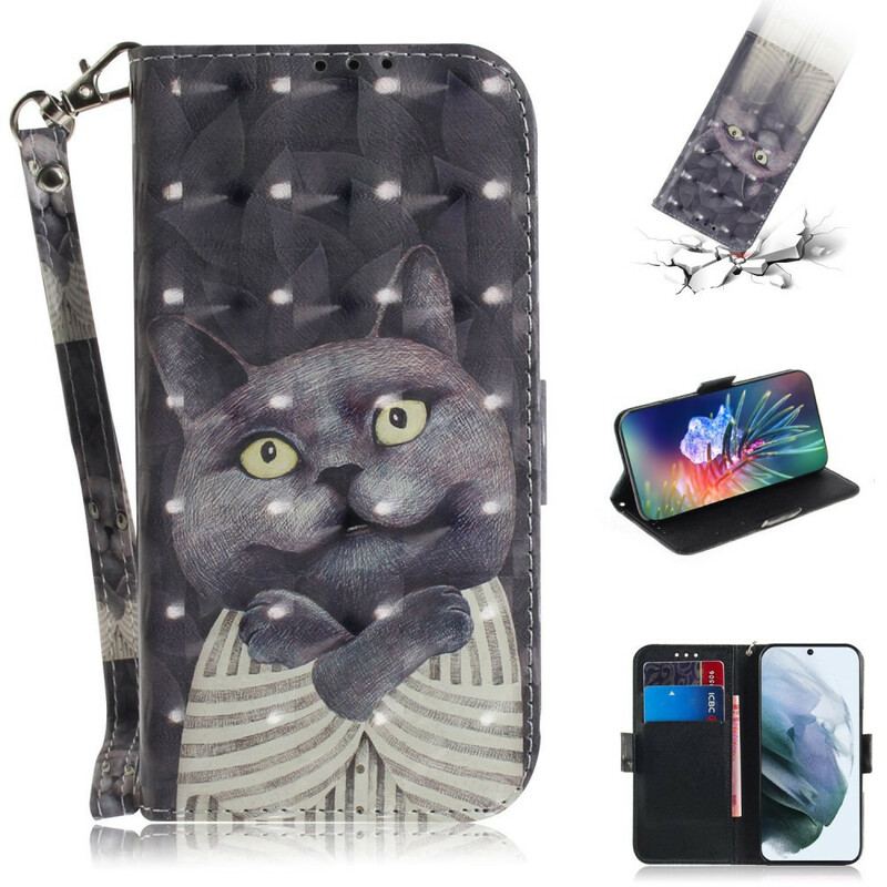 Capa Flip Para Samsung Galaxy S21 FE De Cordão Gato Cinzento Com Alça