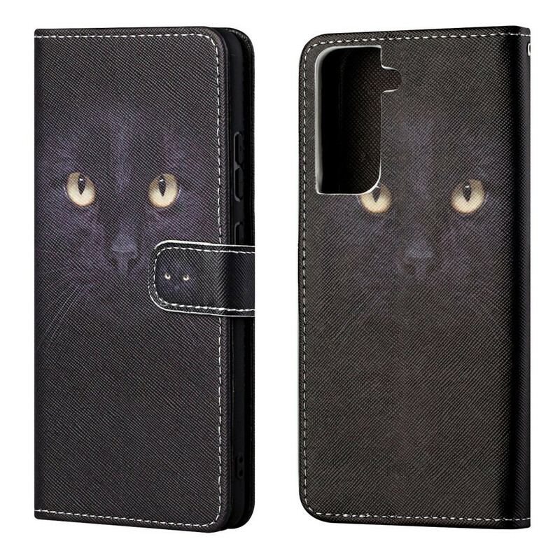 Capa Flip Para Samsung Galaxy S21 FE De Cordão Olhos De Gato Preto Com Tiras