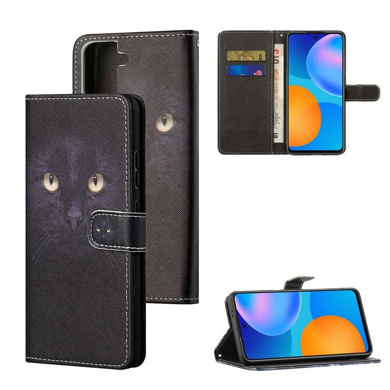 Capa Flip Para Samsung Galaxy S21 FE De Cordão Olhos De Gato Preto Com Tiras