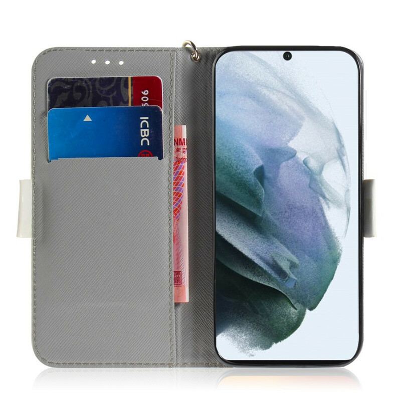 Capa Flip Para Samsung Galaxy S21 FE De Cordão Ramo Florido Com Alça