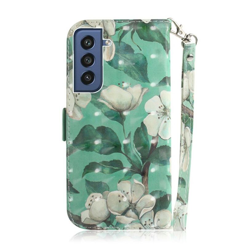 Capa Flip Para Samsung Galaxy S21 FE De Cordão Ramo Florido Com Alça