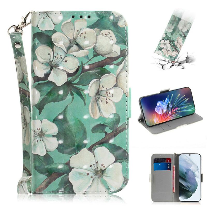 Capa Flip Para Samsung Galaxy S21 FE De Cordão Ramo Florido Com Alça