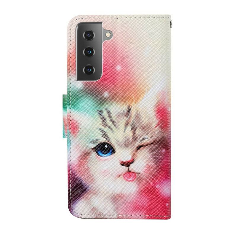 Capa Flip Para Samsung Galaxy S21 FE Histórias De Gatos Com Cordão