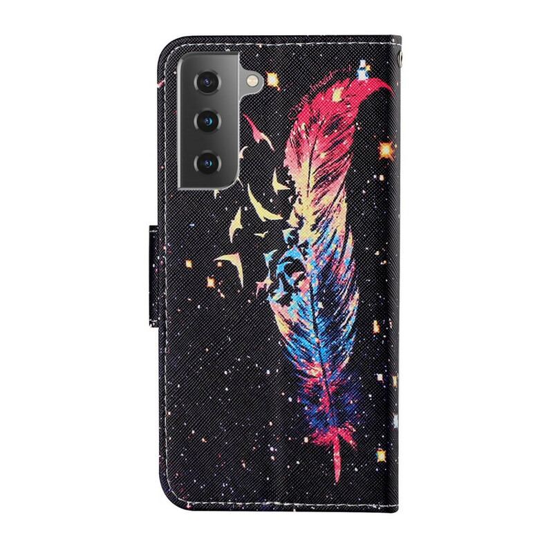 Capa Folio Para Samsung Galaxy S21 FE De Cordão Pena Colorida Com Alça