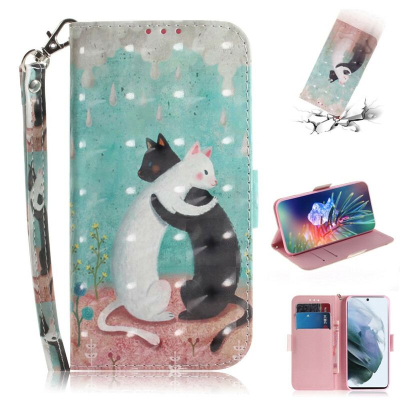 Capa Folio Para Samsung Galaxy S21 FE De Cordão Strappy Cat Friends