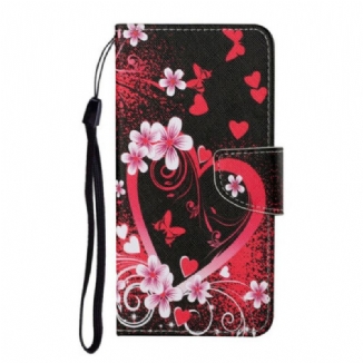 Capa Folio Para Samsung Galaxy S21 FE Flores E Corações Com Cordão