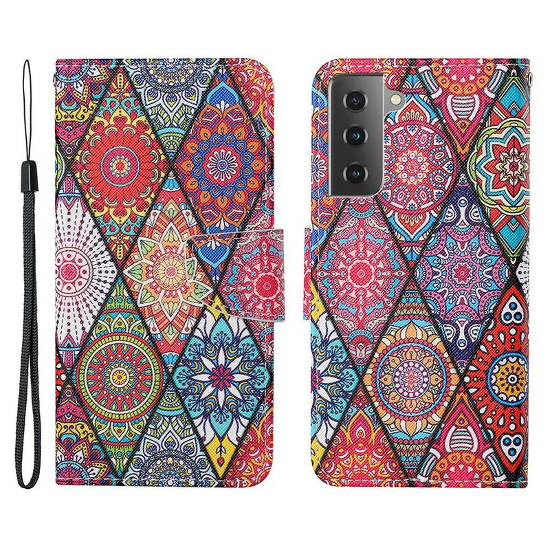 Capa Folio Para Samsung Galaxy S21 FE Patchwork Com Cordão