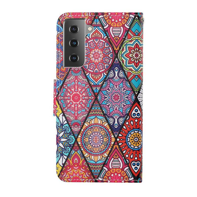 Capa Folio Para Samsung Galaxy S21 FE Patchwork Com Cordão