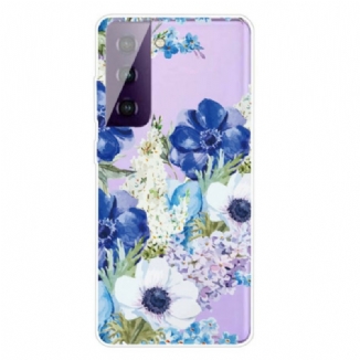 Capa Para Samsung Galaxy S21 FE Aquarela Flores Azuis