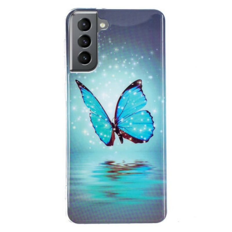 Capa Para Samsung Galaxy S21 FE Borboleta Azul Fluorescente