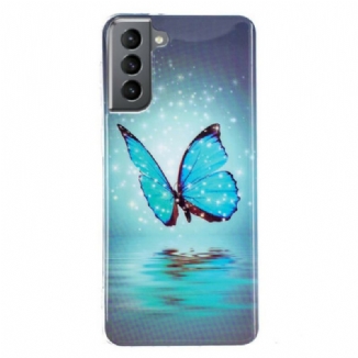 Capa Para Samsung Galaxy S21 FE Borboleta Azul Fluorescente