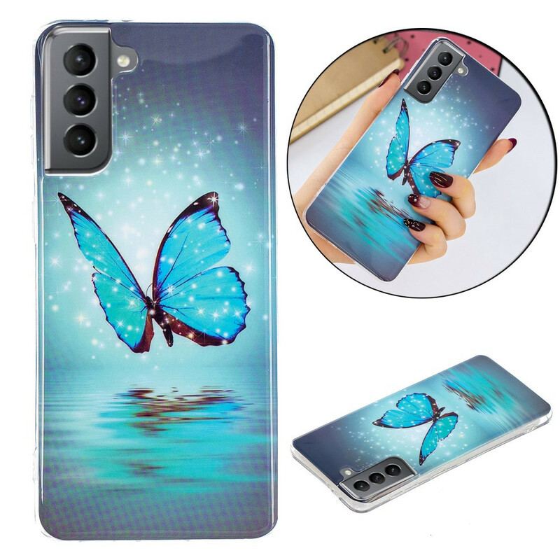 Capa Para Samsung Galaxy S21 FE Borboleta Azul Fluorescente