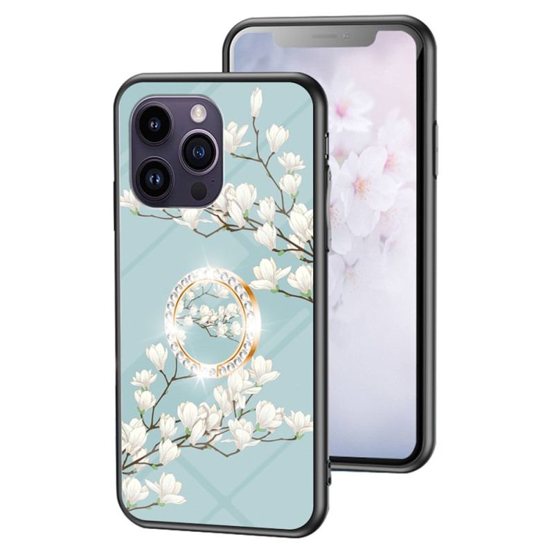 Capa De Celular Para iPhone 15 Pro Max Vidro Temperado Floral Com Anel De Suporte