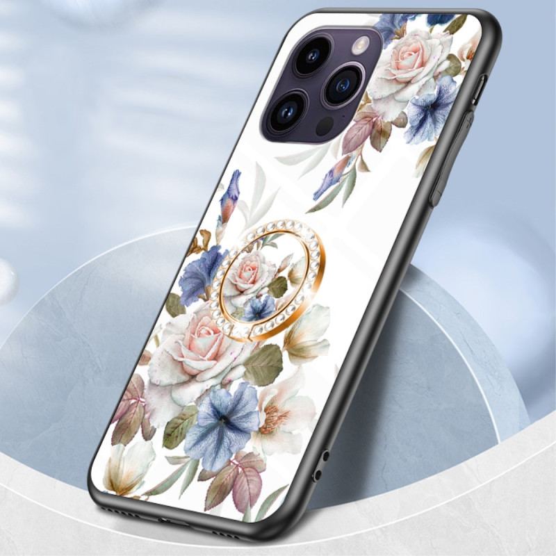 Capa De Celular Para iPhone 15 Pro Max Vidro Temperado Floral Com Anel De Suporte