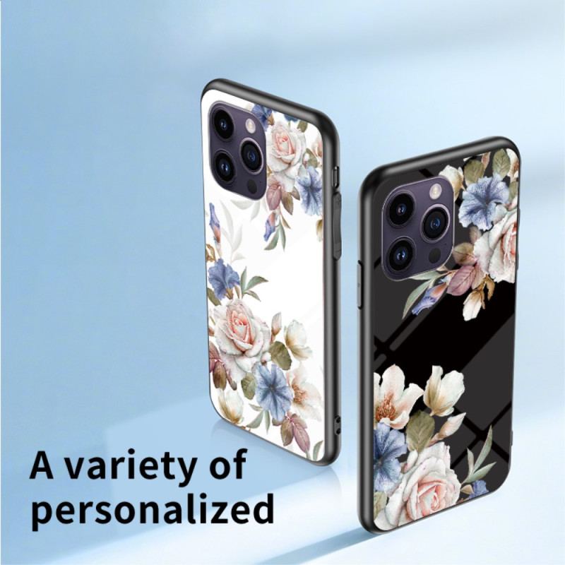 Capa De Celular Para iPhone 15 Pro Max Vidro Temperado Floral Com Anel De Suporte