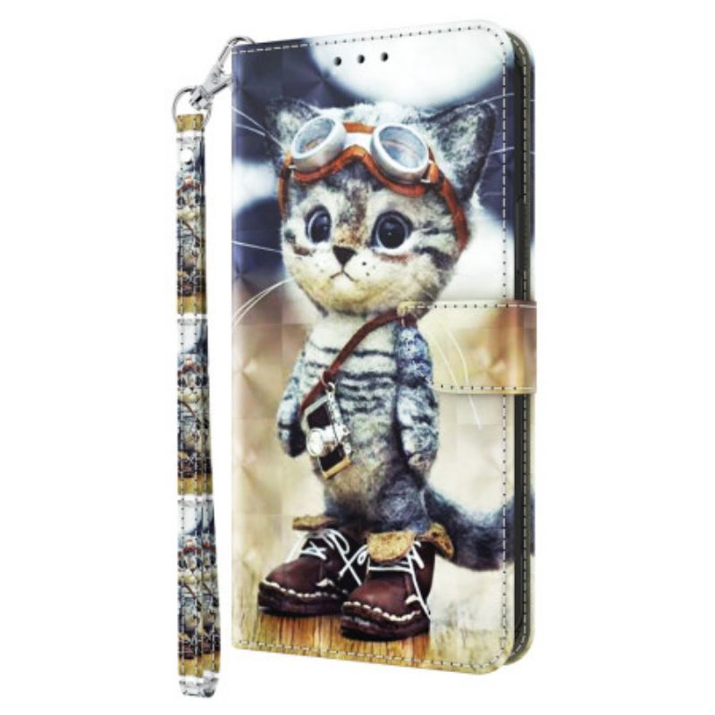 Capa De Couro Para iPhone 15 Pro Max De Cordão Gato Aviador Com Alça