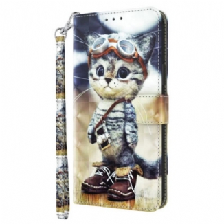 Capa De Couro Para iPhone 15 Pro Max De Cordão Gato Aviador Com Alça