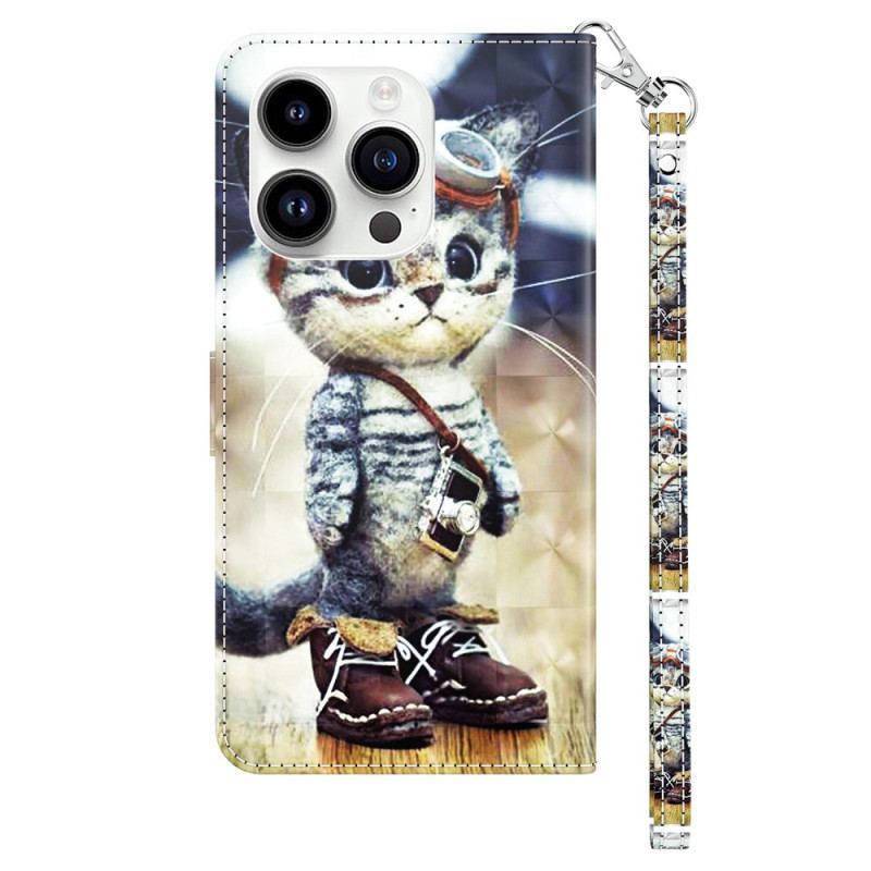 Capa De Couro Para iPhone 15 Pro Max De Cordão Gato Aviador Com Alça