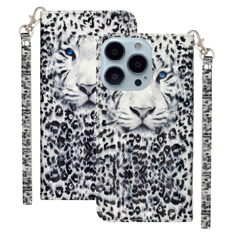 Capa De Couro Para iPhone 15 Pro Max De Cordão Leopardo 3d Com Alça