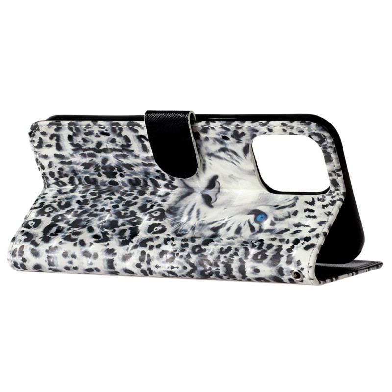 Capa De Couro Para iPhone 15 Pro Max De Cordão Leopardo 3d Com Alça