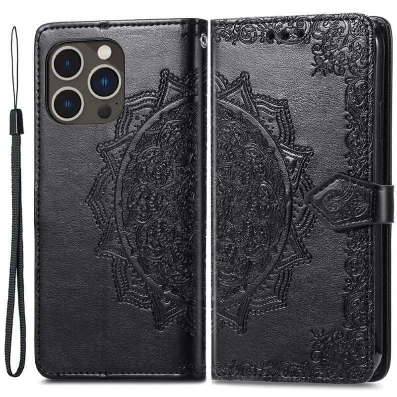 Capa De Couro Para iPhone 15 Pro Max De Cordão Mandala Barroca Com Alça