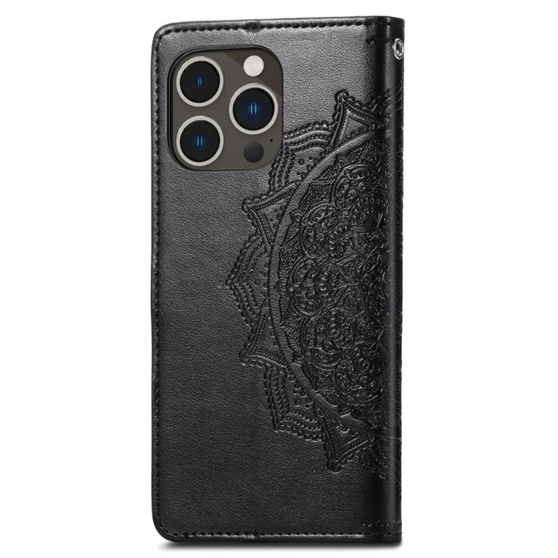 Capa De Couro Para iPhone 15 Pro Max De Cordão Mandala Barroca Com Alça