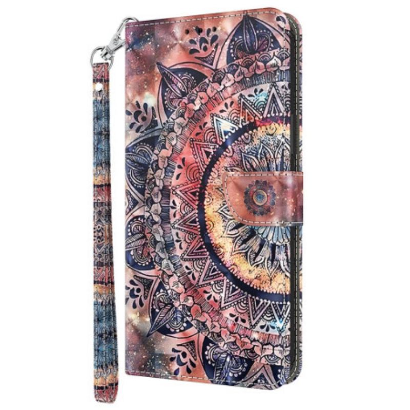 Capa De Couro Para iPhone 15 Pro Max De Cordão Mandala Com Alça