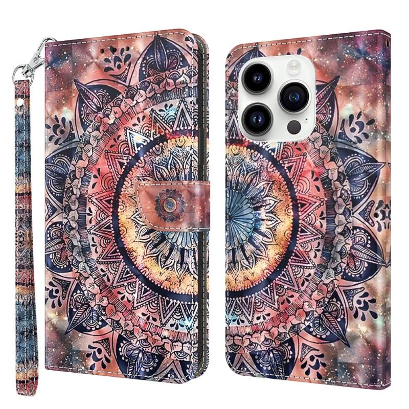 Capa De Couro Para iPhone 15 Pro Max De Cordão Mandala Com Alça