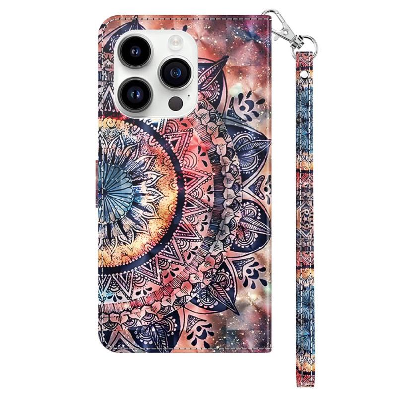 Capa De Couro Para iPhone 15 Pro Max De Cordão Mandala Com Alça