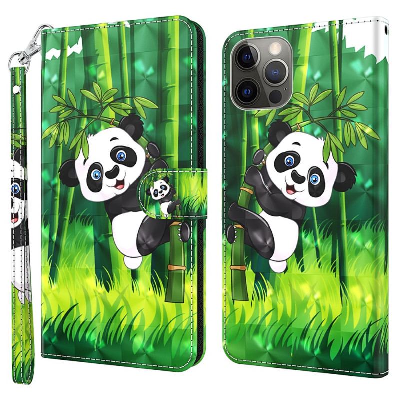 Capa De Couro Para iPhone 15 Pro Max De Cordão Panda De Bambu 3d Com Alça