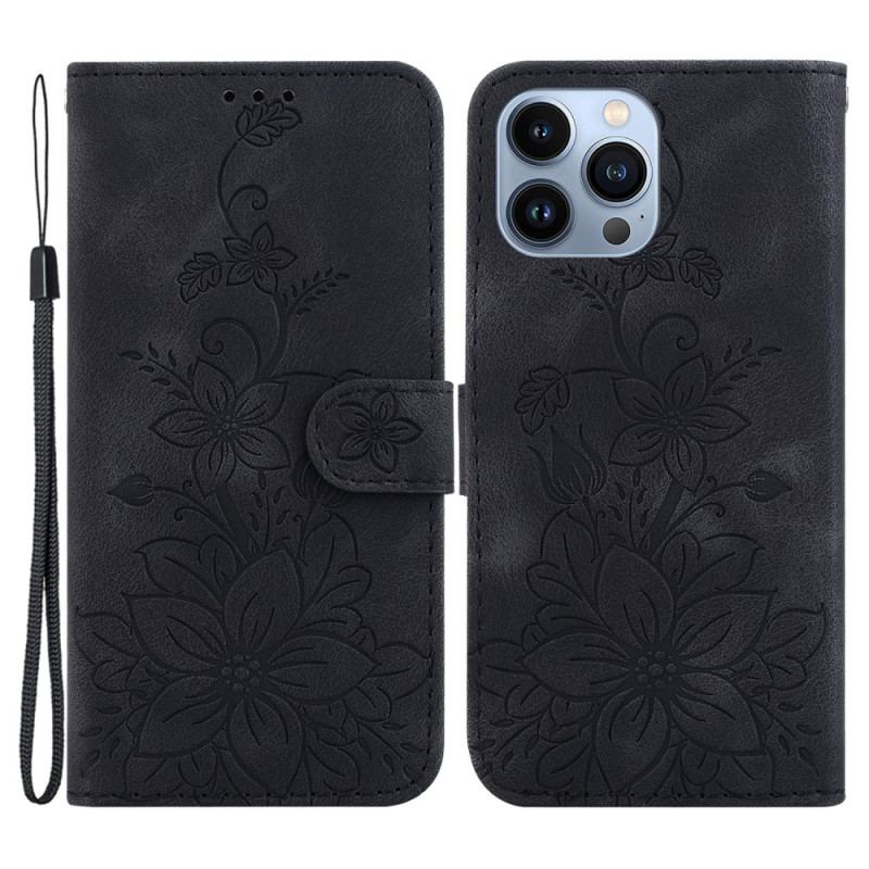 Capa Flip Para iPhone 15 Pro Max De Cordão Alça Floral