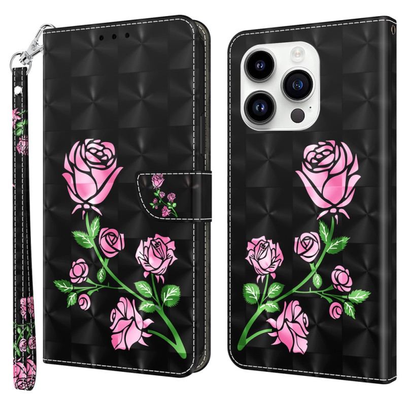 Capa Flip Para iPhone 15 Pro Max De Cordão Correia Rosas