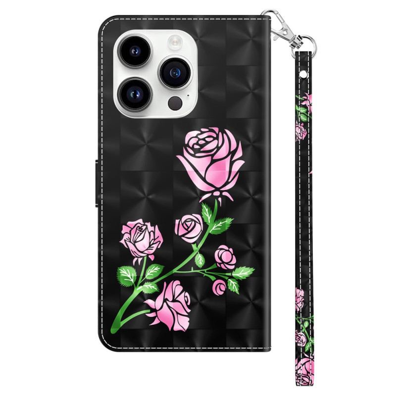 Capa Flip Para iPhone 15 Pro Max De Cordão Correia Rosas