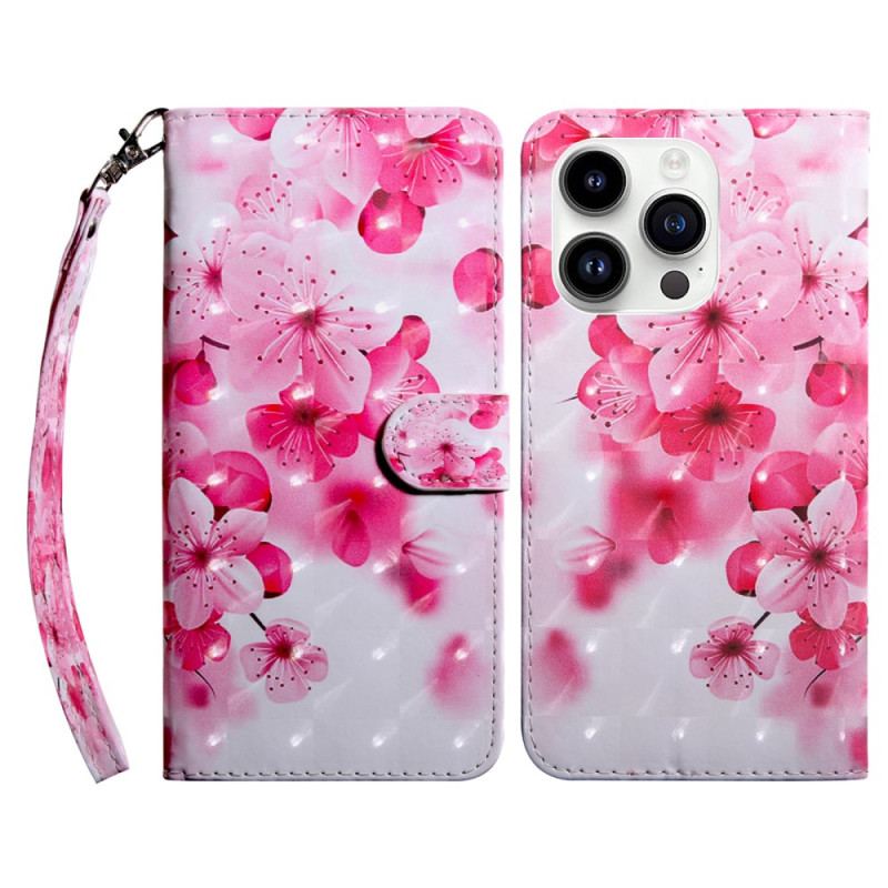 Capa Flip Para iPhone 15 Pro Max De Cordão Flores De Cinta