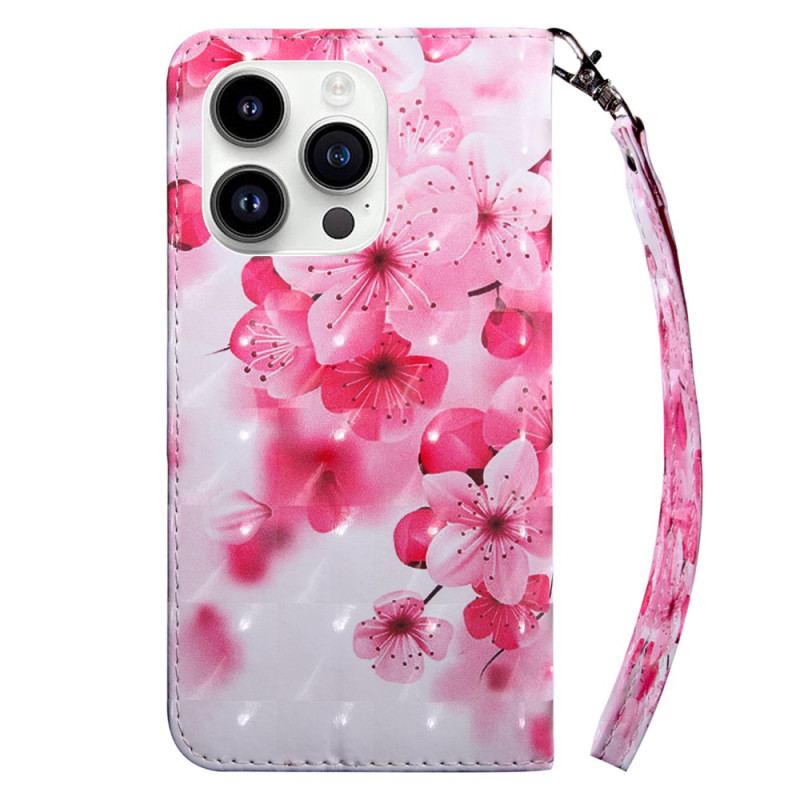 Capa Flip Para iPhone 15 Pro Max De Cordão Flores De Cinta