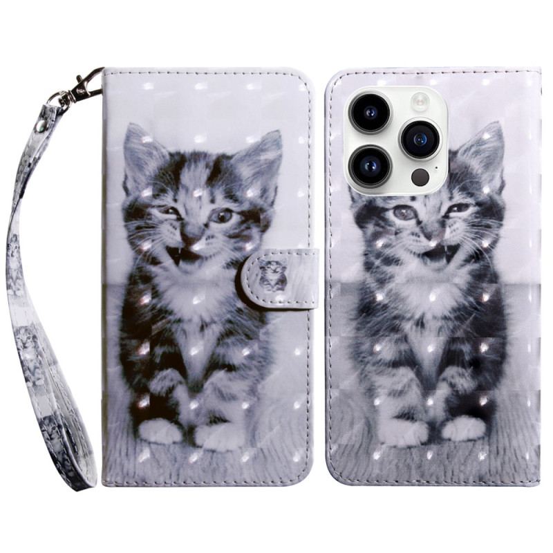 Capa Flip Para iPhone 15 Pro Max De Cordão Gatinho Com Alça