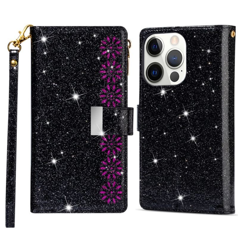 Capa Folio Para iPhone 15 Pro Max Glitter Com Porta Moedas