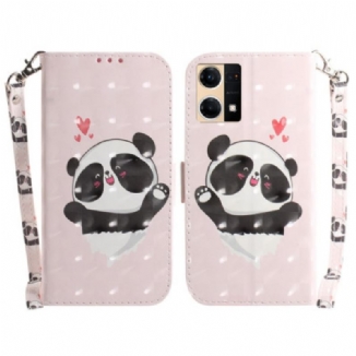 Capa Em Pele Para Oppo Reno 7 De Cordão Panda Love Com Cordão