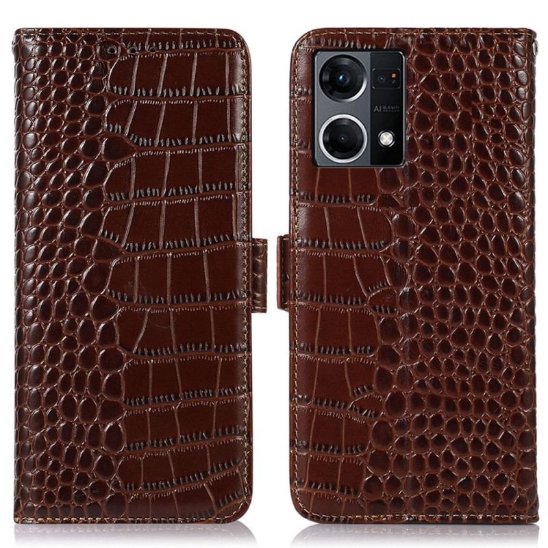 Capa Em Pele Para Oppo Reno 7 Couro Genuíno Estilo Crocodilo Rfid