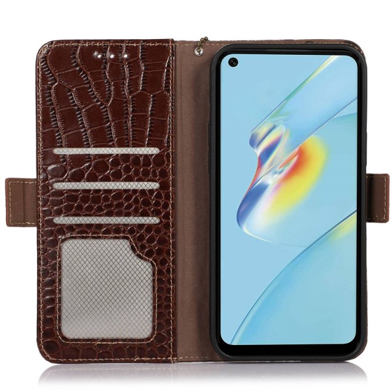 Capa Em Pele Para Oppo Reno 7 Couro Genuíno Estilo Crocodilo Rfid