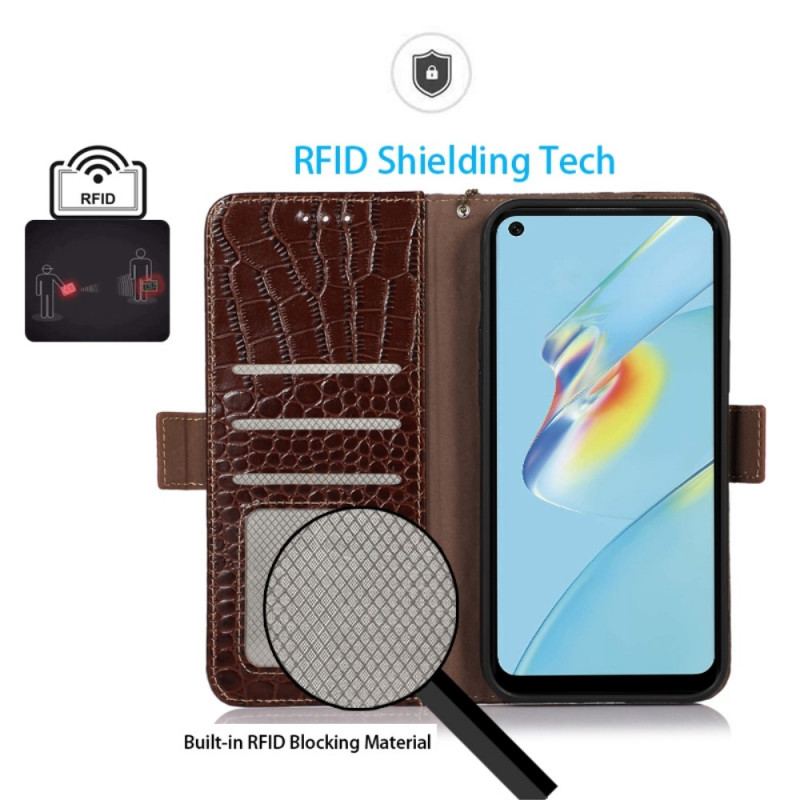 Capa Em Pele Para Oppo Reno 7 Couro Genuíno Estilo Crocodilo Rfid