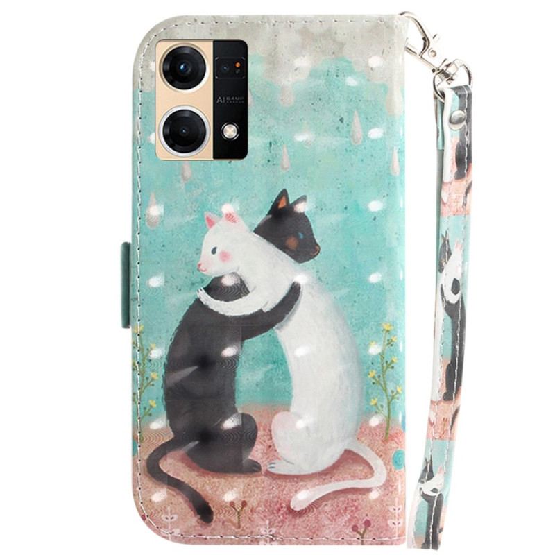 Capa Flip Para Oppo Reno 7 De Cordão Gato Preto Gato Branco Com Alça