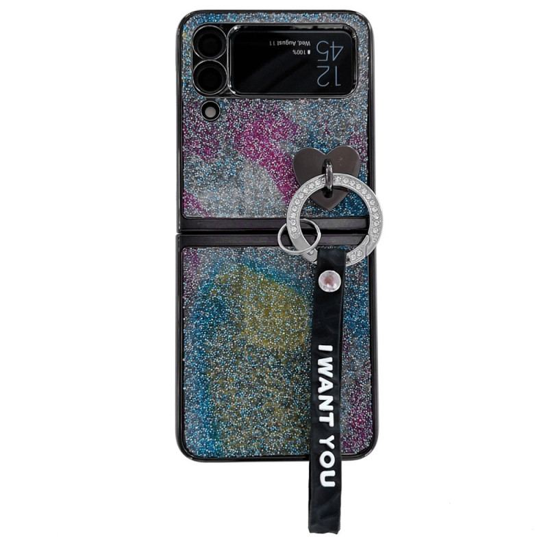 Capa Para Samsung Galaxy Z Flip 3 5G De Couro Amuletos De Lantejoulas E Cordão