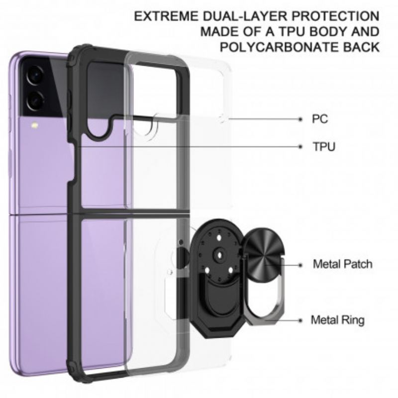 Capa Para Samsung Galaxy Z Flip 3 5G De Couro Anel De Metal Transparente