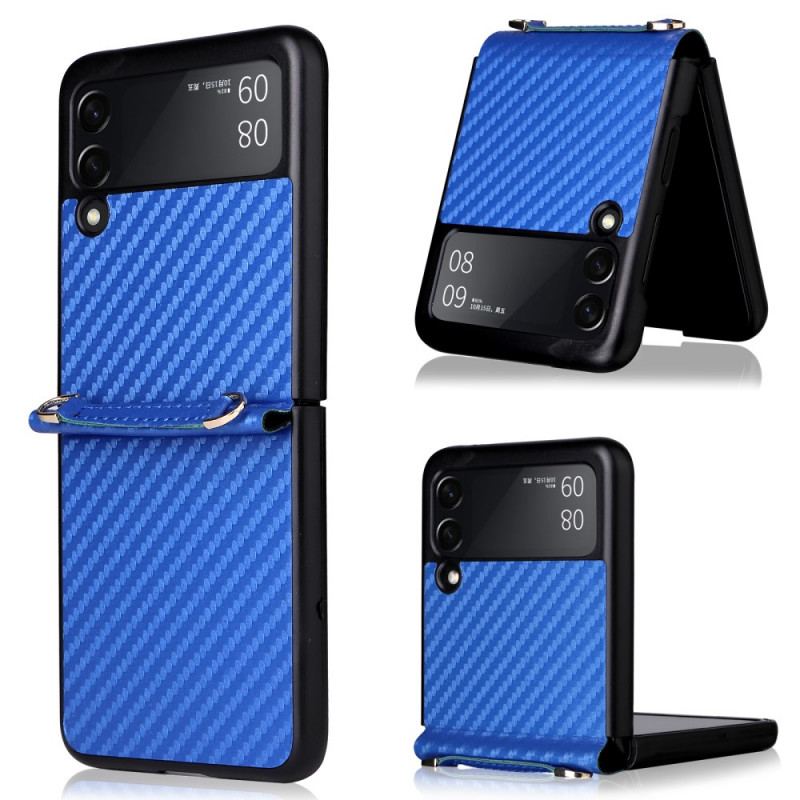 Capa Para Samsung Galaxy Z Flip 3 5G De Couro Fibra De Carbono Com Cordão