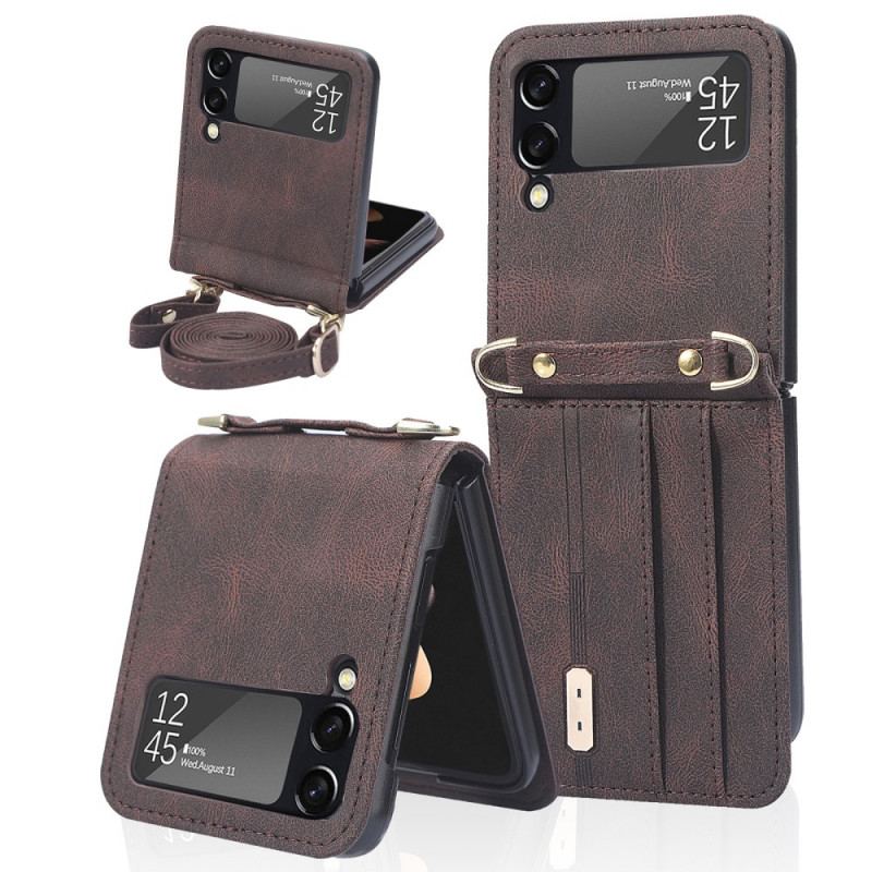 Capa Para Samsung Galaxy Z Flip 3 5G De Couro Porta-cartões Estilo Couro E Cordão