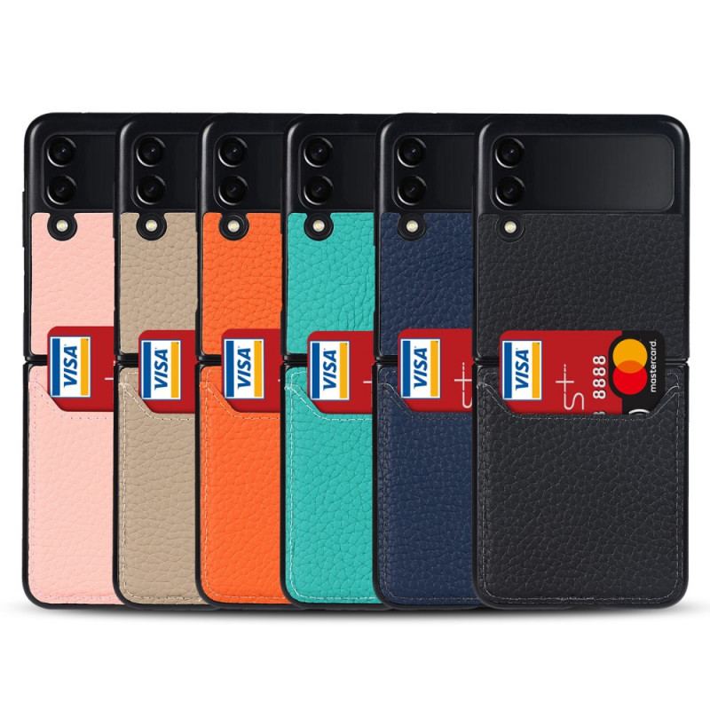 Capa Para Samsung Galaxy Z Flip 3 5G De Couro Titular De Cartão De Couro De Lichia Genuíno