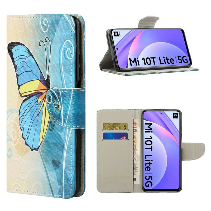 Capa De Couro Para Xiaomi Mi 10T Lite Borboleta Azul E Amarela