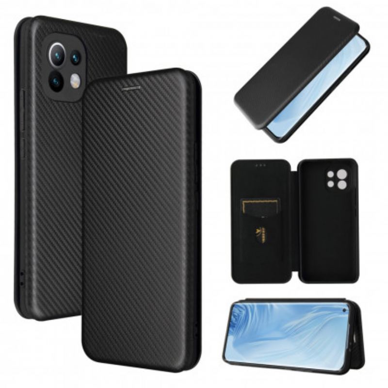 Capa De Celular Para Xiaomi Mi 11 (5G) Flip Fibra De Carbono Com Anel De Suporte