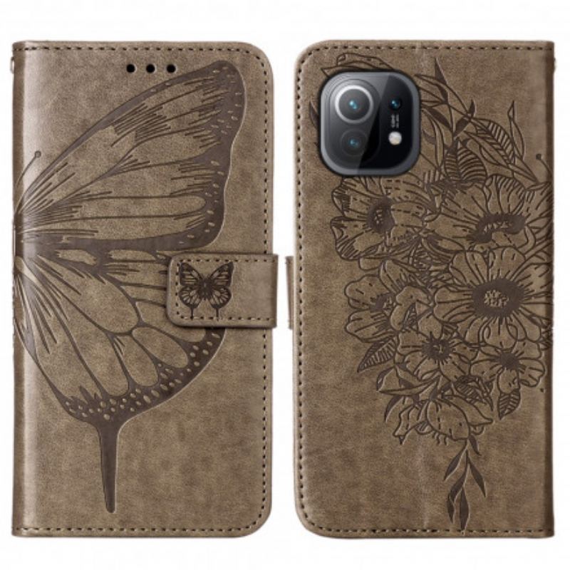 Capa Em Pele Para Xiaomi Mi 11 (5G) Design De Borboleta Com Cordão